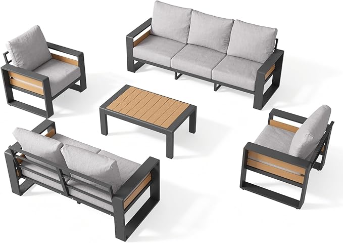 Aoxun Aluminum Patio Furniture Set, 5 Piece Luxury Outdoor Sectional with 6" Olefin Fabric Cushions, Patio Conversation Sets with Coffee Table and Waterproof Cover for Backyard, Porch Light Grey