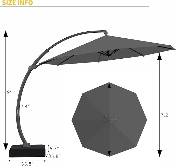 Kingdura 11ft Offset Cantilever Patio Umbrella with Base Included, Large Round Aluminum Outdoor Umbrella, 360° Rotation & Infinite Tilt, Heavy Duty Frame for Deck Pool Backyard, Grey