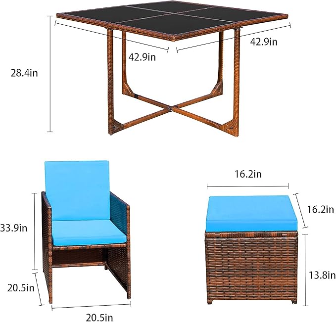 Devoko 9 Pieces Patio Dining Sets Outdoor Space Saving Rattan Chairs with Glass Table Patio Furniture Sets Cushioned Seating and Back Sectional Conversation Set (Blue)