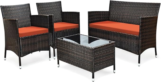 4 Pieces Patio Sofa Set, Wicker Conversation Set with Ergonomic Curved Backrest, Patio Rattan Furniture Set with Water-Resistant Cushion & Tempered Glass Table for Balcony, Porch (Orange)