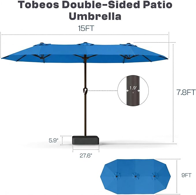 Large Patio Umbrella with Solar Lights and Base, Double-Sided Outdoor Rectangle Umbrella with 48 LED Lights, Market Table Umbrellas with UV Resistant Canopy