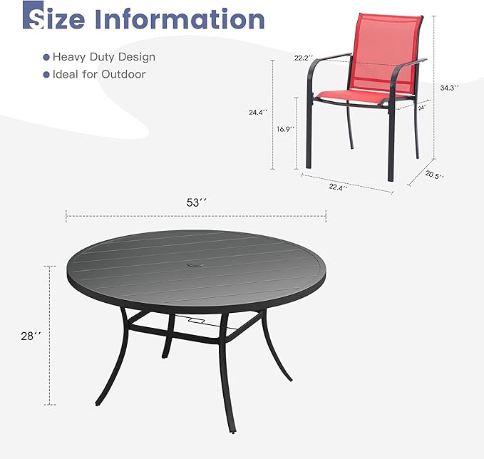 VICLLAX Round Outdoor Dining Set, Patio Table and Chairs Set Set of 8 Patio Stackable Chairs and 53" Outdoor Round Table with Umbrella Hole for Backyard Lawn Garden, Red Chairs and Black Table