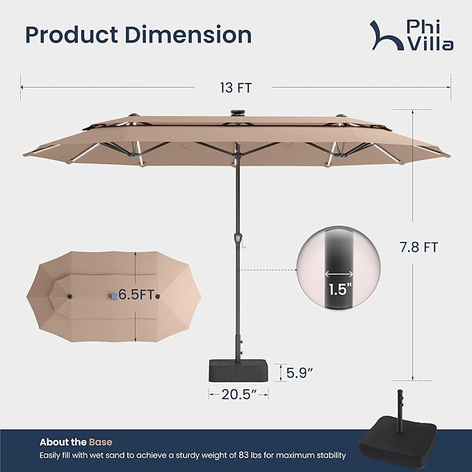 PHI VILLA 13ft Patio Umbrella with 120 PCS Solar-Powered LED Color-Changing Lights, 2-Tier Double-Sided Large Rectanglular Umbrella with Base Included,Beige