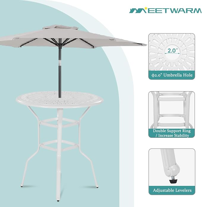 MEETWARM Patio Height Bar Table, 35.4" Bar Height Bistro Table, Outdoor Cast Aluminum Bistro Round High Top Dining Table with 2" Umbrella Hole for Garden Deck Backyard, White
