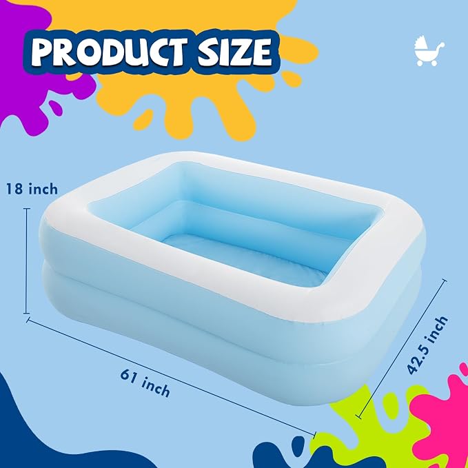 Inflatable Swimming Pool for Kids Outdoor Ground Rectangular Kiddie Pool (Max 61x42.5x18 Inch)