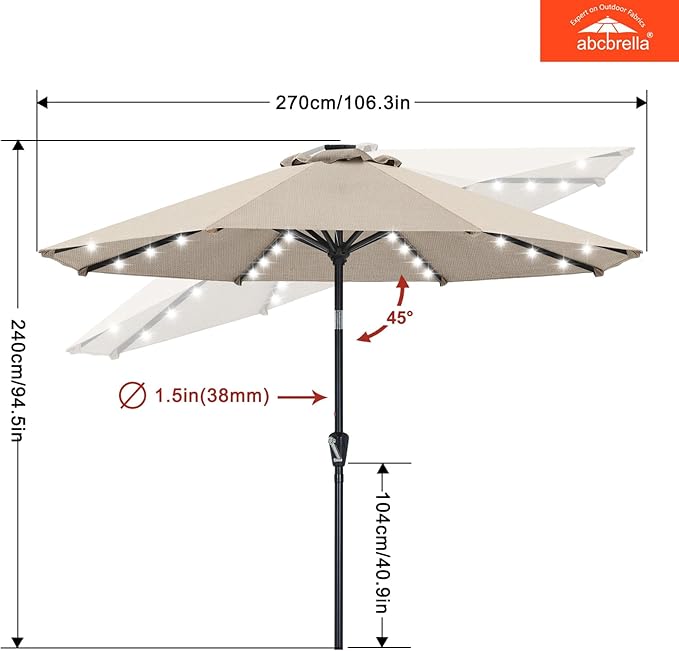 ABCCANOPY OLEFIN® 5-Year No Fading Patio Umbrella with Solar Lights (Beige)