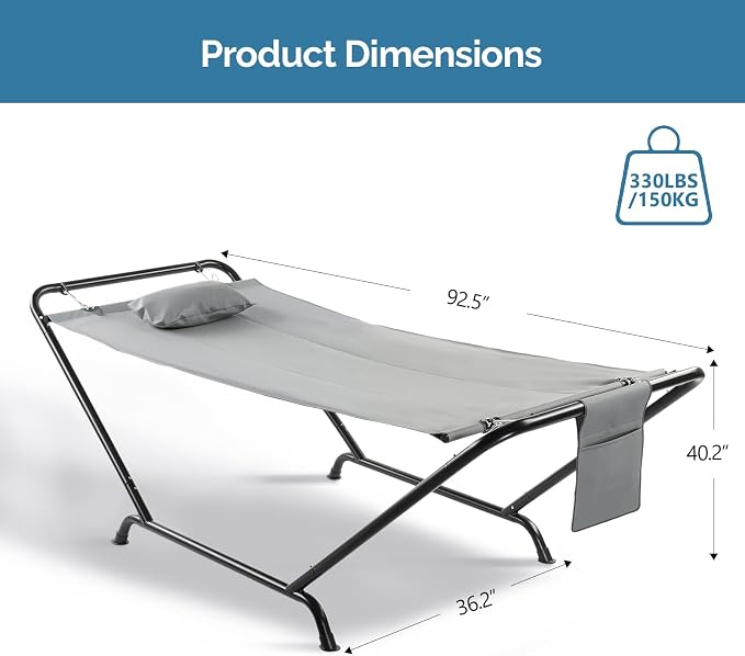 Double Hammock with Stand, Heavy Duty Outdoor Hammock, 550 LBS Capacity, Stable Steel Frame Hammocks with Soft Pillow and Side Storage Pocket for Patio, Garden, Backyard & Beach