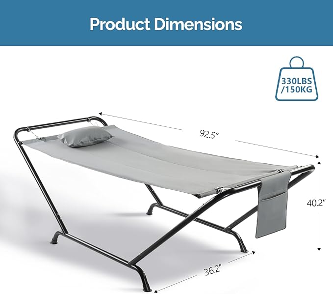 Double Hammock with Stand, Heavy Duty Outdoor Hammock, 550 LBS Capacity, Stable Steel Frame Hammocks with Soft Pillow and Side Storage Pocket for Patio, Garden, Backyard & Beach