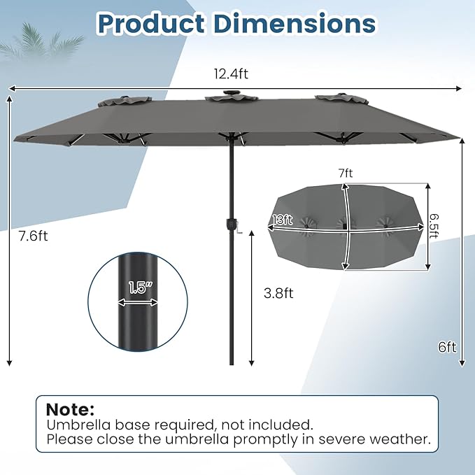 Tangkula 13 Ft Solar Patio Umbrella, Double-Sided Extra Large Outdoor Market Table Umbrella with Multi-Colored Flowing LED Lights, Crank Handle, 12 Sturdy Ribs for Poolside, Garden & Backyard (Gray)