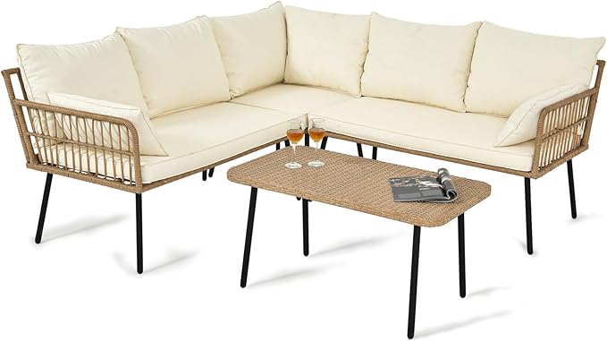 YITAHOME 4 Pieces Patio Furniture Set, Outdoor Rattan Woven Conversation Sectional L-Shaped Sofa with 5 Seater for Backyard, Porch, Boho Detachable Lounger with Cushions and Side Table - Beige