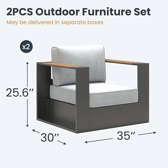 Aluminum Patio Furniture Set, 2 Seats Luxury Seating Furniture, All Weather Outdoor Conversation Sets with 6" Thickened Cushions