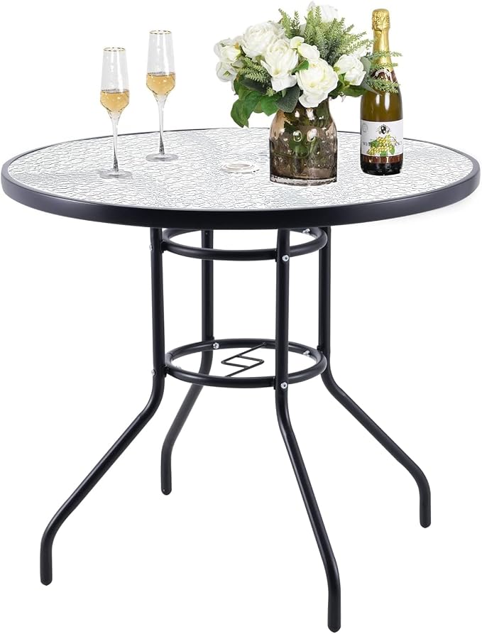 32'' Outdoor Patio Table, Bistro Table with Tempered Glass Table Top and Umbrella Hole Steel Frame Outdoor Furniture Party Conversation Coffee Table for Garden Backyard Balcony Lawn