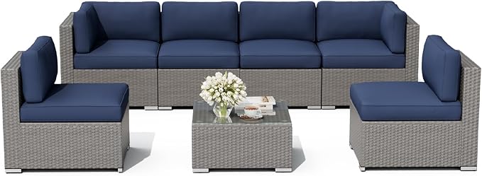 Oakcloud 7-Piece Outdoor Patio Furniture Set Grey Rattan Wicker Sectional Sofa Conversation Sets with Cushions and Glass Top Table (Dark Blue)