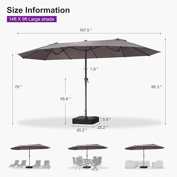 PURPLE LEAF 14ft Patio Umbrella Outdoor Double-Sided Umbrella with Base and Crank Rectangle Market Table Umbrella for Pool Deck Garden, Light Grey