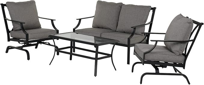 Grand patio Outdoor 4-Piece Patio Furniture Set Conversation Set with Olefin Cushions 2 Rocking Motion Chairs 1 Fixed Loveseat Glass Coffee Table, Dark Gray