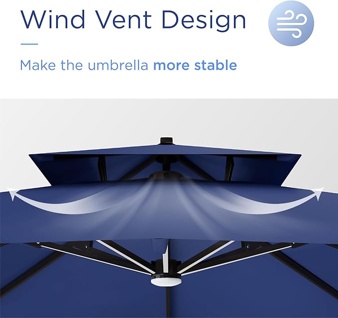 10' X 13' Patio Umbrella with LED Lights Outdoor Cantilever Large Rectangle Offset Umbrellas Heavy Duty Aluminum Double Top with 360-degree Rotation for Pool Garden Deck, Navy