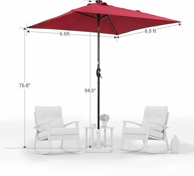 Square Patio Umbrella With Solar Lights, 6.5x6.5ft Square Umbrella Outdoor Patio with Tilt and Crank for Pool, Deck, Garden,Backyard
