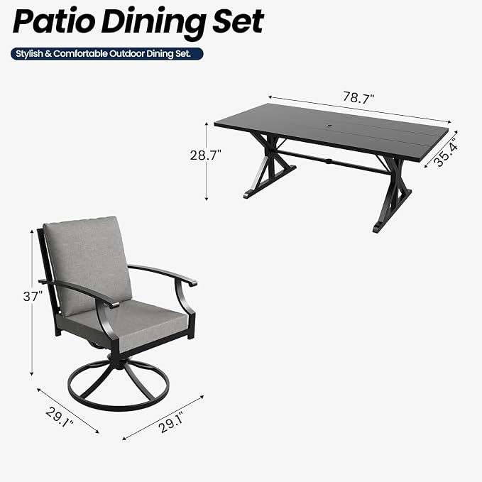 7 Pieces Outdoor Patio Dining Set,Patio Table and Chairs Metal Outdoor Patio Furniture Set with Umbrella Hole,Dining Table Set with 6 Swivel Chairs for Deck,Backyard and Garden,Grey
