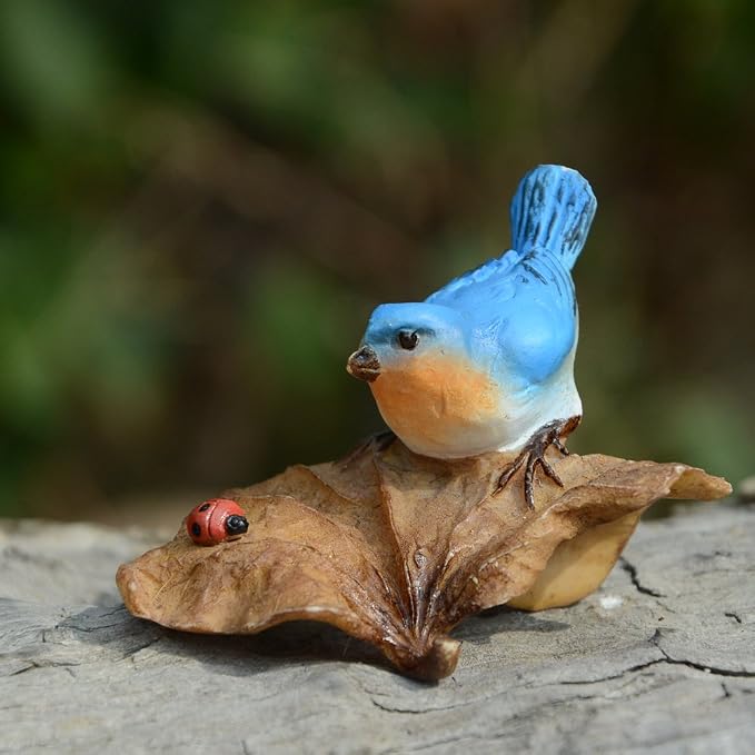 Top Collection Miniature Fairy Garden and Terrarium Statue, Bluebird on Leaf with Ladybug