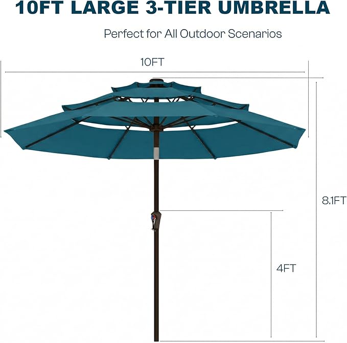 10ft Patio Umbrella, 3 Tier Outdoor Market Table Umbrellas with 8 Fiberglass Ribs and Push Button Tilt, Windproof, Vented Canopy, UV Protection for Deck, Pool, Backyard