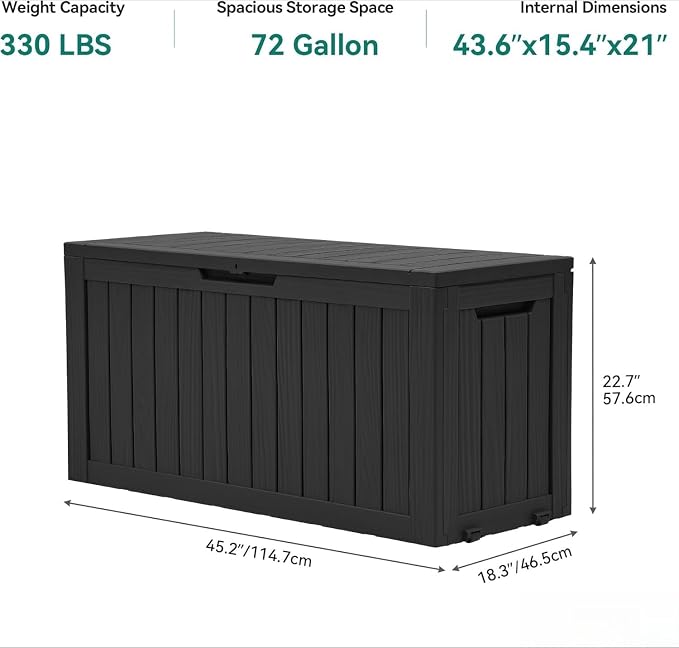 72 Gallon Outdoor Storage Box with Wheels Resin Deck Box for Indoor Outdoor Patio Throw Pillows Athletic Gear Black