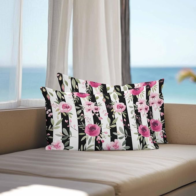 Vandarllin Outdoor Throw Pillows Covers 20x12 inch Set of 2 Waterproof Pink Flowers Decorative Zippered Cushion Covers for Patio Furniture, Floral Leaves Black Stripes Lumbar Pillowcases