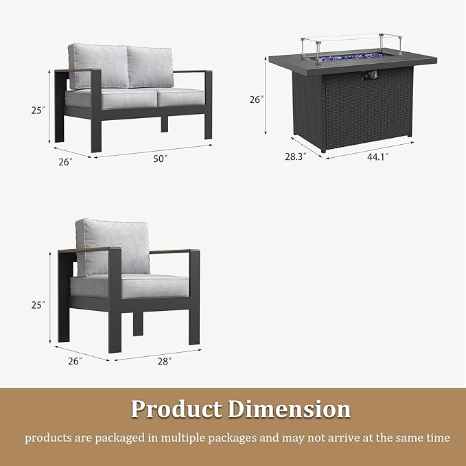 Aluminum Outdoor Patio Furniture Sets, 4 Piece Metal Patio Conversation Sets with Fire Pit with 5 Inch Cushion for Garden Backyard Deck