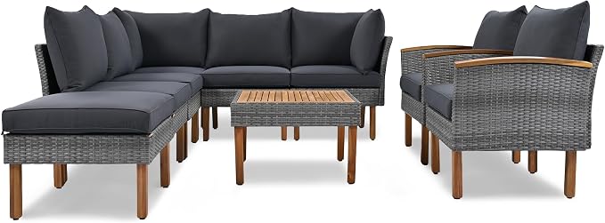 JIVOIT 9-Piece Outdoor Patio Furniture Sets, PE Rattan Wicker Sofa Set with Acacia Wood Tabletop Coffee Table and Wood Legs, Armrest Chairs, Sectional Sofa Set (Nature+Gray Cushions 02)