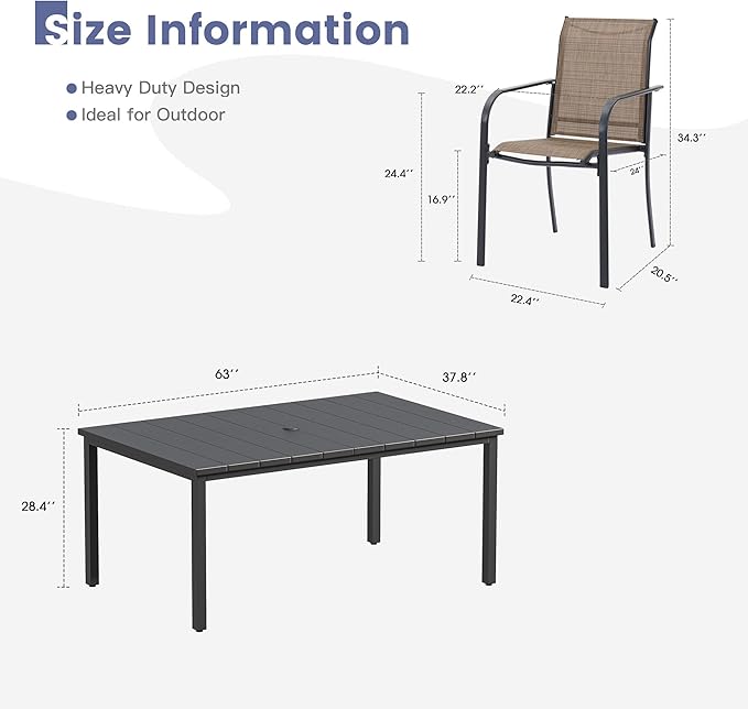VICLLAX 7 Pieces Patio Dining Set, Patio Furniture Set of 6 Patio Stackable Dining Chairs and Outdoor Metal Table with Umbrella Hole for Backyard Lawn Garden, Brown Chairs and Black Table