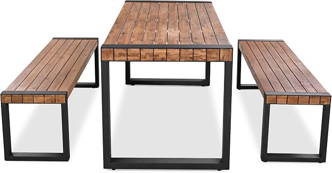 Acacia Wood Patio Dining Set, 3 Piece Outdoor Dining Set with Benches, Wood