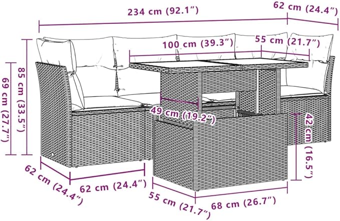 vidaXL Patio Sofa Set with Cushions 5 Piece, Conversation Set with Table and Sectional Sofas, Outdoor Seat for Garden, Modern, Gray Poly Rattan