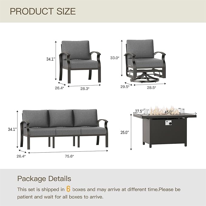 Aluminum Patio Furniture Set with 55,000 BTU Propane Fire Pit Table, 10 Seats Metal Modern Outdoor Furniture w/5.1" Cushions, Sectional w/Swivel Chairs for Backyard, Grey