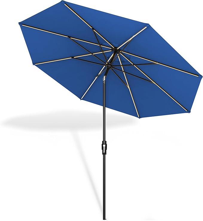 Midtown Umbrellas 9 Feet Aluminum Patio Umbrella With Aluminum LED Ribs In Sunbrella Dark Blue, Auto-Tilt And 360 Degree Swivel For Optimal Shade, Kevlar Cord For Long Lasting Use