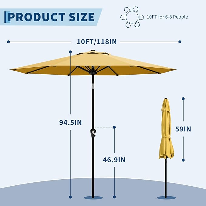 IDEALHOUSE 10FT Outdoor Patio Umbrella, UV Resistant Outdoor Table Parasol, Push Button Tilt & Crank Lift, 8 Fiberglass Ribs, Heavy Duty Canopy, Large Sunshade for Deck Yard Pool Cafe