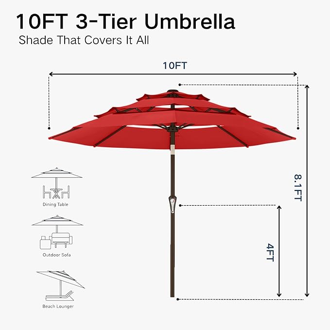 Kingdura 10ft 3-Tier Patio Umbrella, Outdoor Table Umbrella with Easy Crank & Tilt, 8 Reinforced Ribs, UV Protection for Deck, Pool, Market, Backyard (Red)