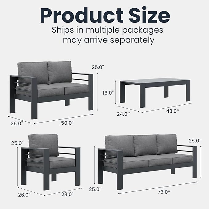 5 Pieces Modern Aluminum Patio Furniture Set, Outdoor Conversation Sets Metal Sectional Sofa with Coffee Table