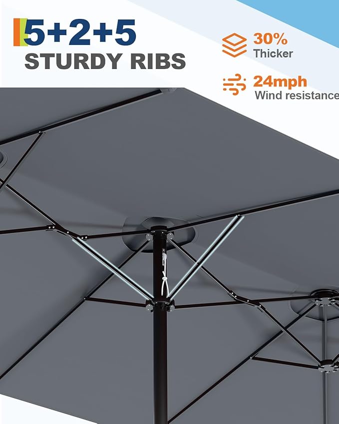 15FT Large Patio Umbrella with Base and Solar Lights, Double-Sided Rectangle Umbrella Oversized Shade for 8-10 People,36 LED Lights and Weighted Base for Pool, Deck, Backyard,Grey