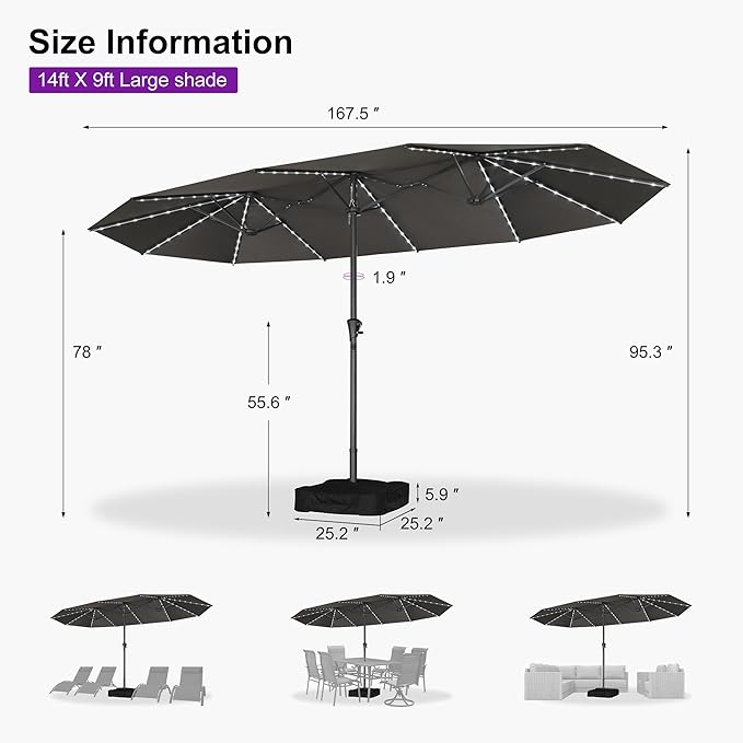 PURPLE LEAF 14ft Patio Umbrella with Solar Lights Outdoor Double-Sided Market Umbrella with Base Included Rectangle Table Umbrella for Pool Garden Backyard, Grey