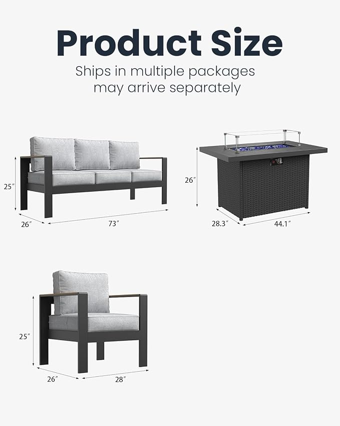 4 Pieces Aluminum Outdoor Patio Furniture Set with Fire Pit Table, Outside Metal Patio Conversation Sets with Deep Seating and Thick Cushions