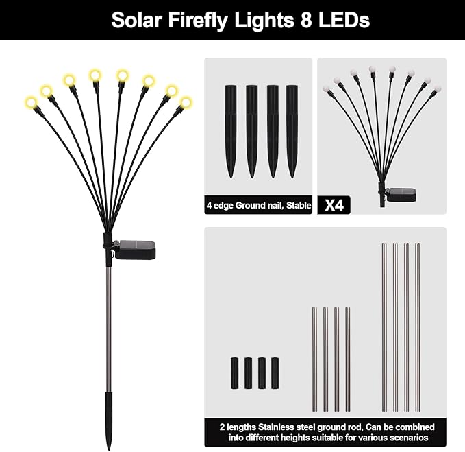Firefly Lights Solar Outdoor, 8 Modes 800mAh Swaying Solar Firefly Garden Lights Stakes Outdoor Waterproof for Outside Yard Patio Plant Christmas Holiday Garden Decor Warm White(4 Pack)