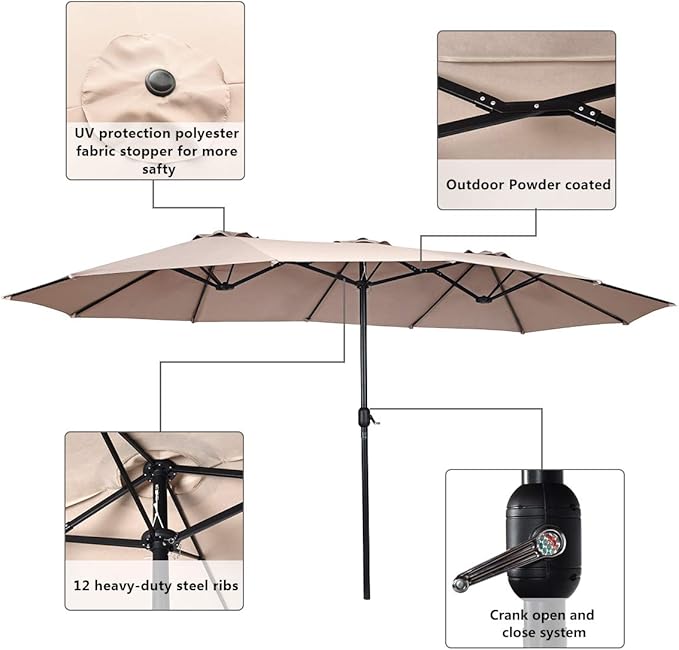 Tangkula 15 Ft Patio Umbrella Double-Sided Outdoor Market Table Umbrella with Crank (Beige)