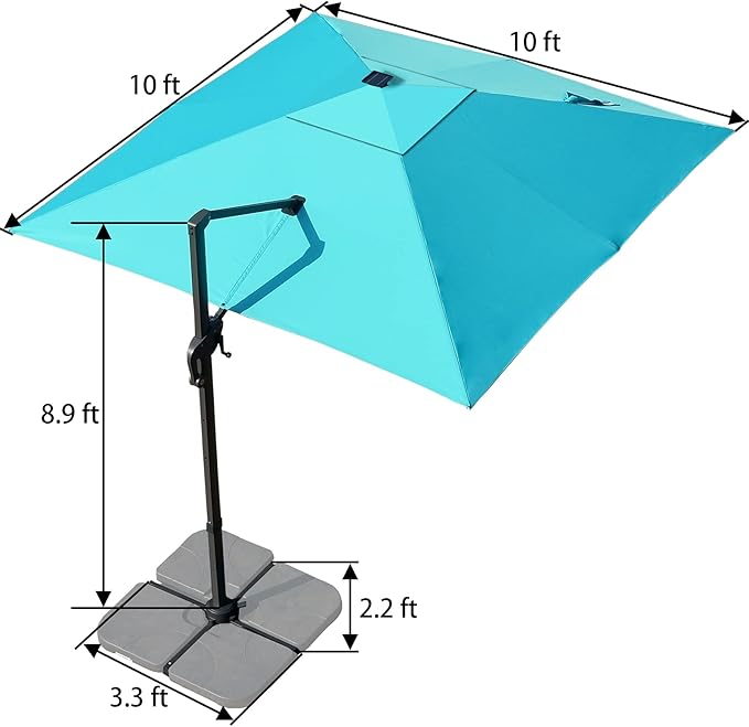 Sunnyglade 10x10ft Solar Powered LED Cantilever Patio Umbrella Square Deluxe Offset Umbrella 360°Rotation & Integrated Tilting System & LED lights for Market Garden Deck Pool Backyard Patio