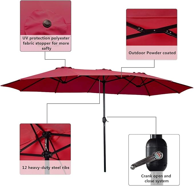 Tangkula 15 Ft Patio Umbrella Double-Sided Steel Outdoor Market Table Umbrella with Crank (Wine)