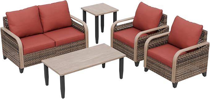 Modern Wicker Patio Furniture Set, Rattan Outdoor Conversation Set with Comfortable Cushions, 2 Patio Chairs, 2 Seat Loveseat, Coffee Table and Side Table, 5 Pieces, Brown/Red