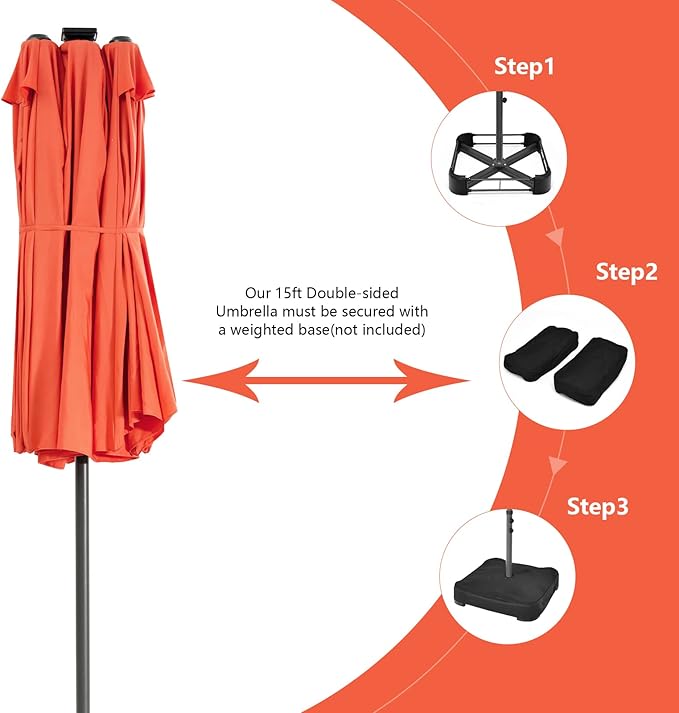 Tangkula 15 Ft Solar Patio Umbrella, Double-Sided Extra Large Outdoor Market Table Umbrella with 48 LED Lights, Crank Handle, 12 Sturdy Ribs for Poolside, Garden & Backyard (Orange)
