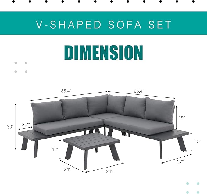 Soleil Jardin 4-Piece Outdoor Patio Furniture Set L-Shaped Aluminum Sectional Sofa with Coffee Table All-Weather Patio Conversation Set with Cushions, Dark-Grey