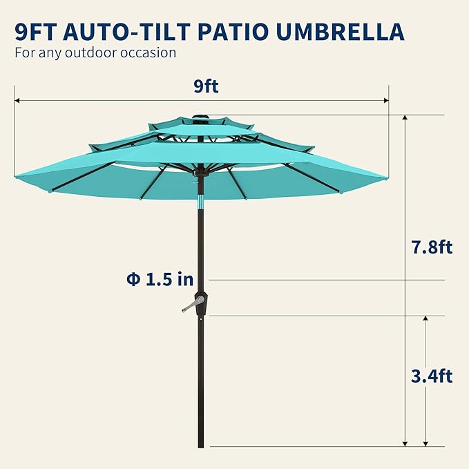 9FT 3 Tiers Patio Umbrella With Auto Tilt And Crank, Outdoor Table Market Umbrella with 8 Sturdy Ribs for Garden, Lawn, Deck, Backyard and Pool