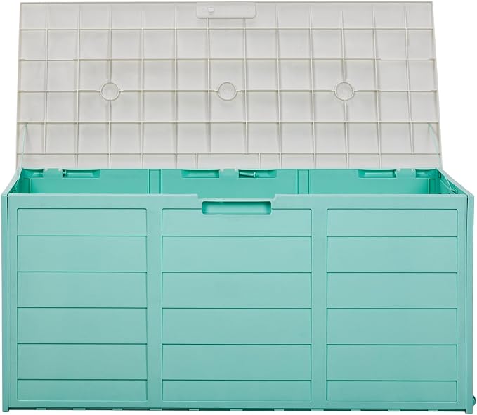 75 Gallon Outdoor Storage Deck Box, Weatherproof Resin Garden Storage Bin with Wheels and Handles, Lockable Toy Chest & Patio Cushion Box for Yard and Pool, Mint Green