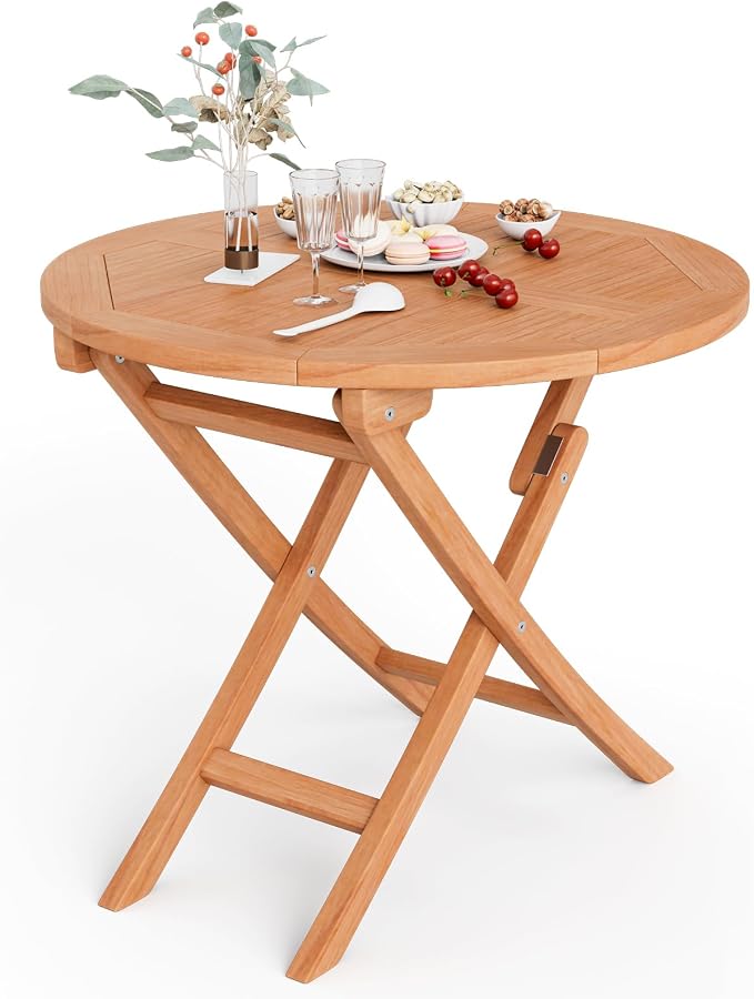 Giantex 31.5” Outdoor Folding Table, Indonesian Teak Patio Dining Table with Natural Appearance, Space-Saving Design, Outside Round Wood Dining Table for Deck, Backyard, Poolside