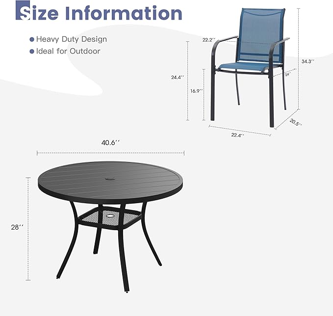 VICLLAX Round Outdoor Dining Set, Patio Table and Chairs Set Set of 4 Patio Stackable Chairs and 40.6" Outdoor Round Table with Umbrella Hole for Backyard Lawn Garden, Blue Chairs and Black Table